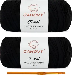 2 Pack T-Shirt Yarn Crochet Yarn for Beginner Crochet Bags/Basket/Coaster,400g/110yds High Elastic Polyester Thick Tshirt Black