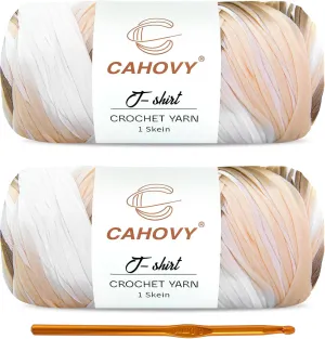 2 Pack T-Shirt Yarn Crochet Yarn for Beginner Crochet Bags/Basket/Coaster,400g/110yds High Elastic Polyester Thick Tshirt Brown&White