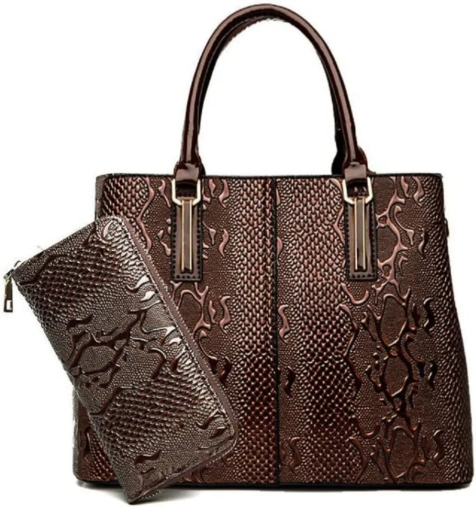 2-PC Handbags for Women Tote Purses Top Handle Satchel Bags PU Leather Shoulder Bag, Brown