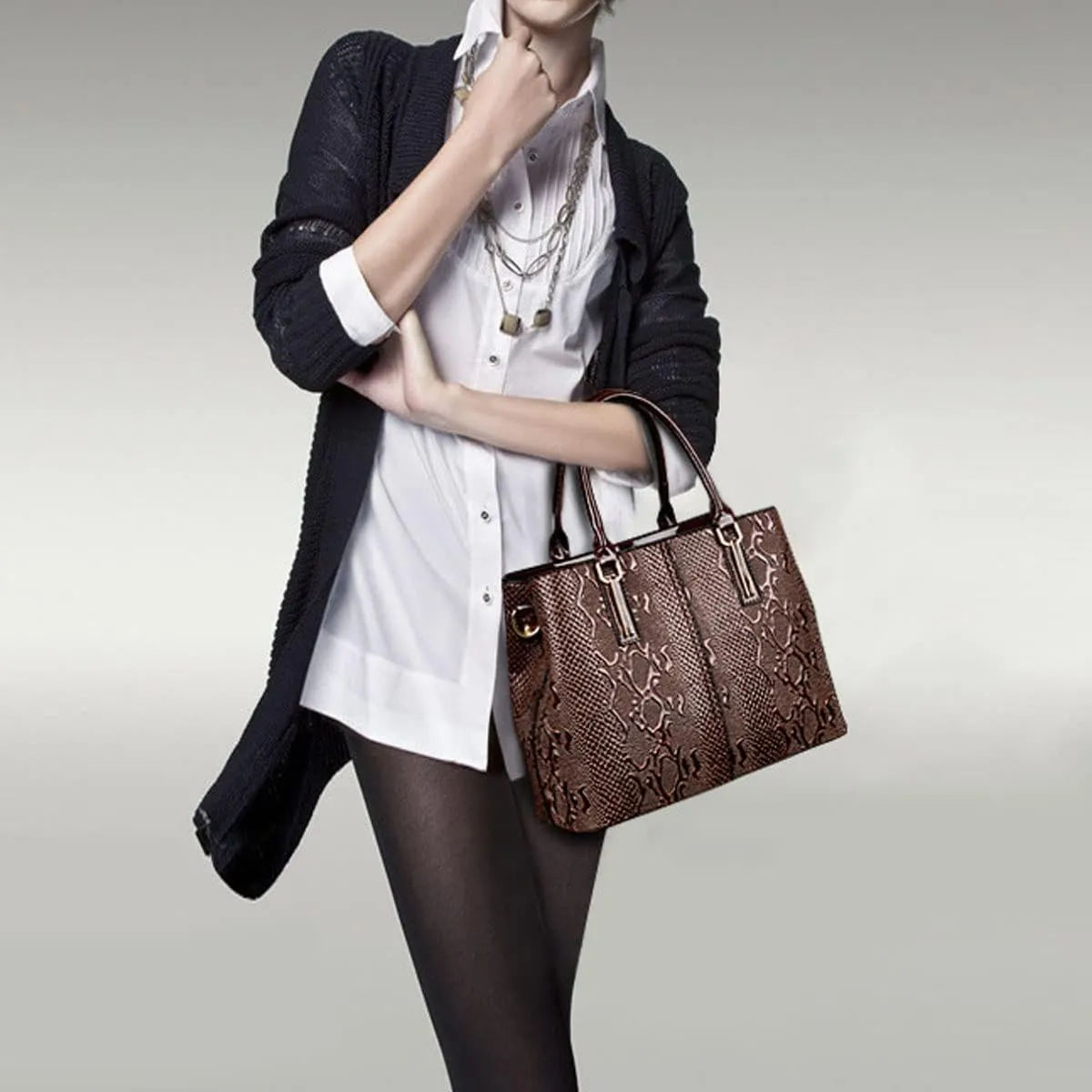 2-PC Handbags for Women Tote Purses Top Handle Satchel Bags PU Leather Shoulder Bag, Brown