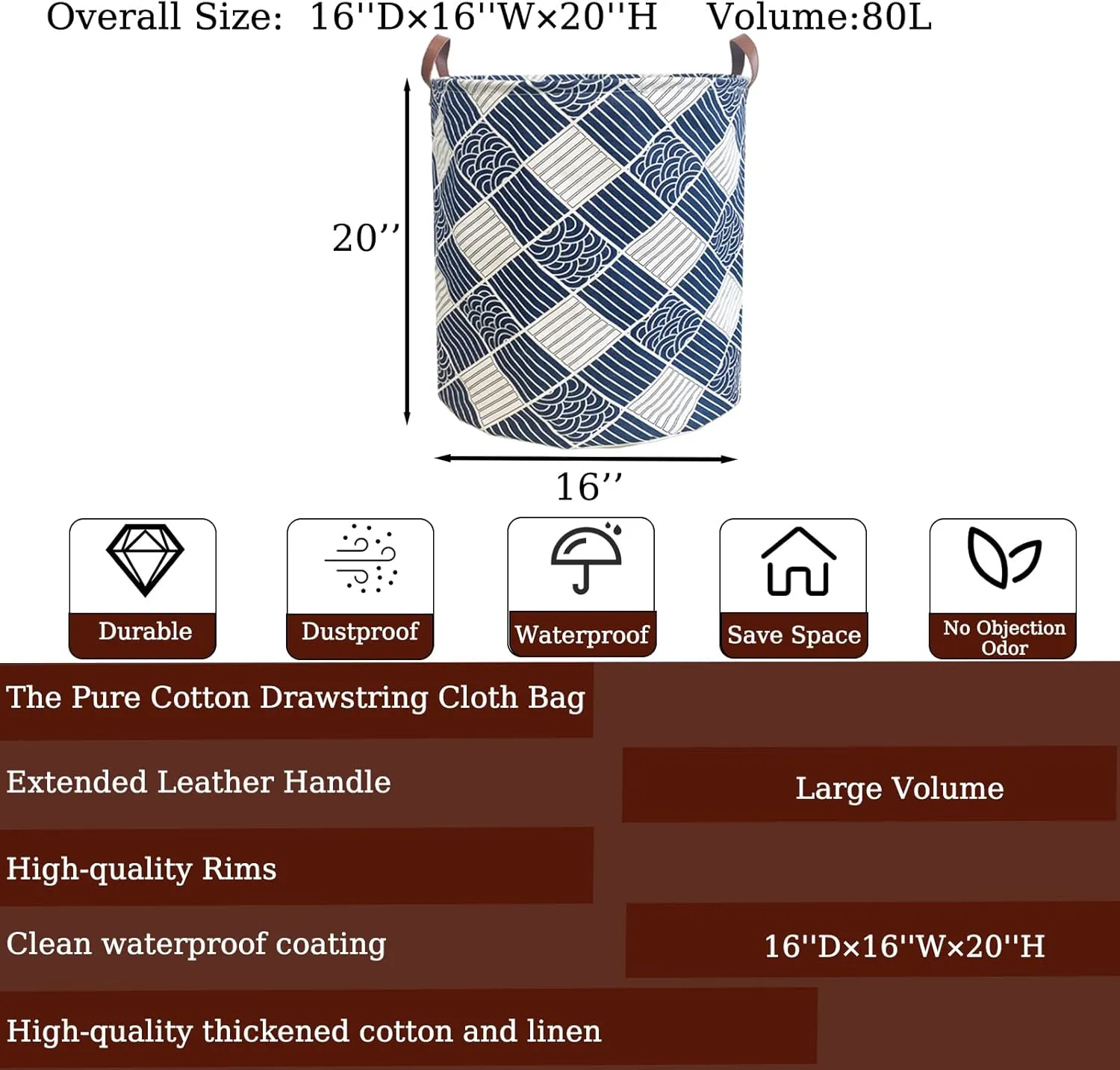 80L Waterproof Laundry Hamper in Family Leather Handle Laundry Basket in Dormitory Collapsible Laundry Bag in Nursery Large Clothes Toy Storage (92-Satisfied laundry hampers, 80L)