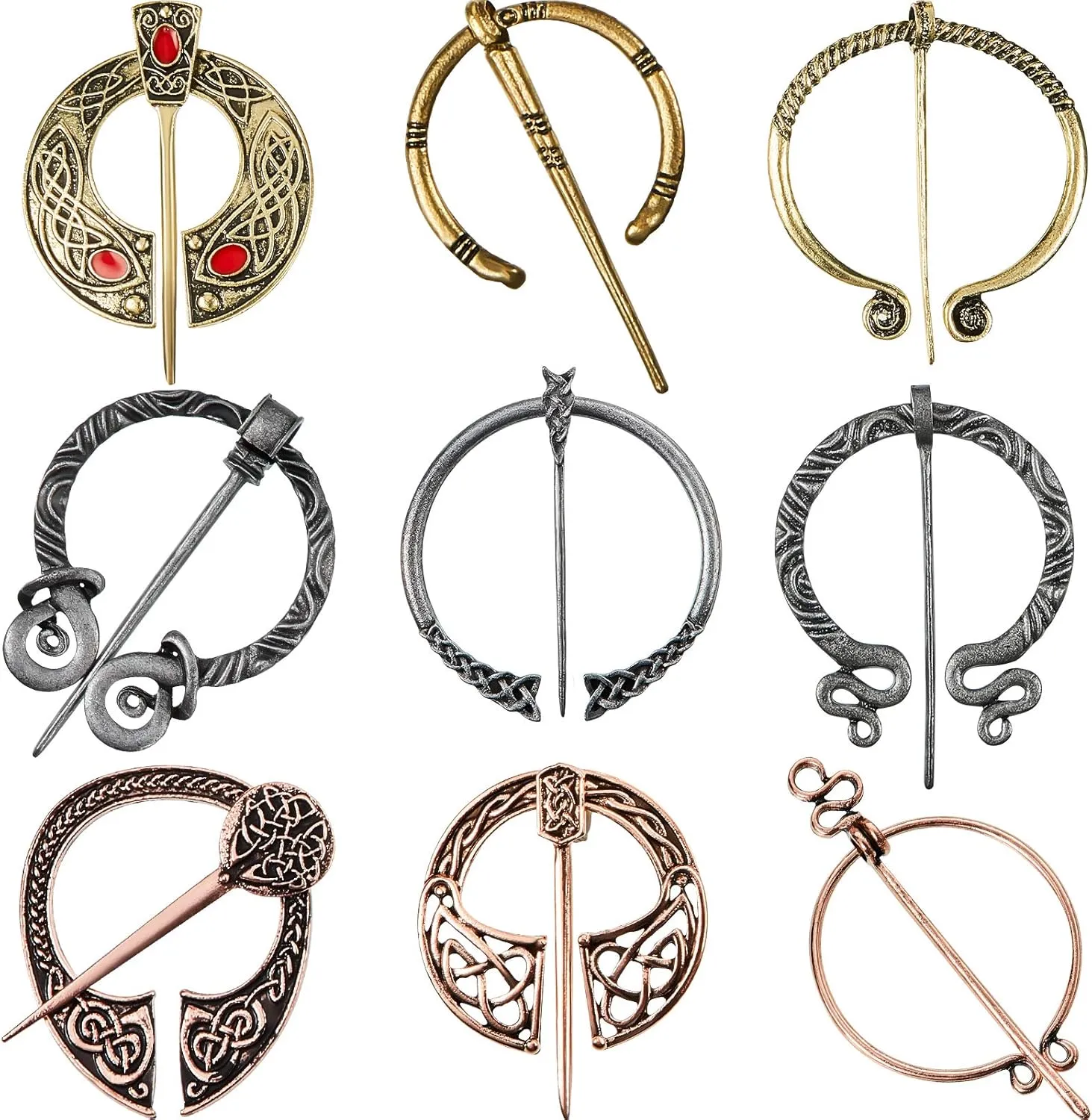 9 Pieces Vintage Viking Brooch Cloak Pin Scarf Shawl Buckle Clasp Pin Penannular Brooch for Costume Accessory, Antique Silver, Gold, Rose Gold