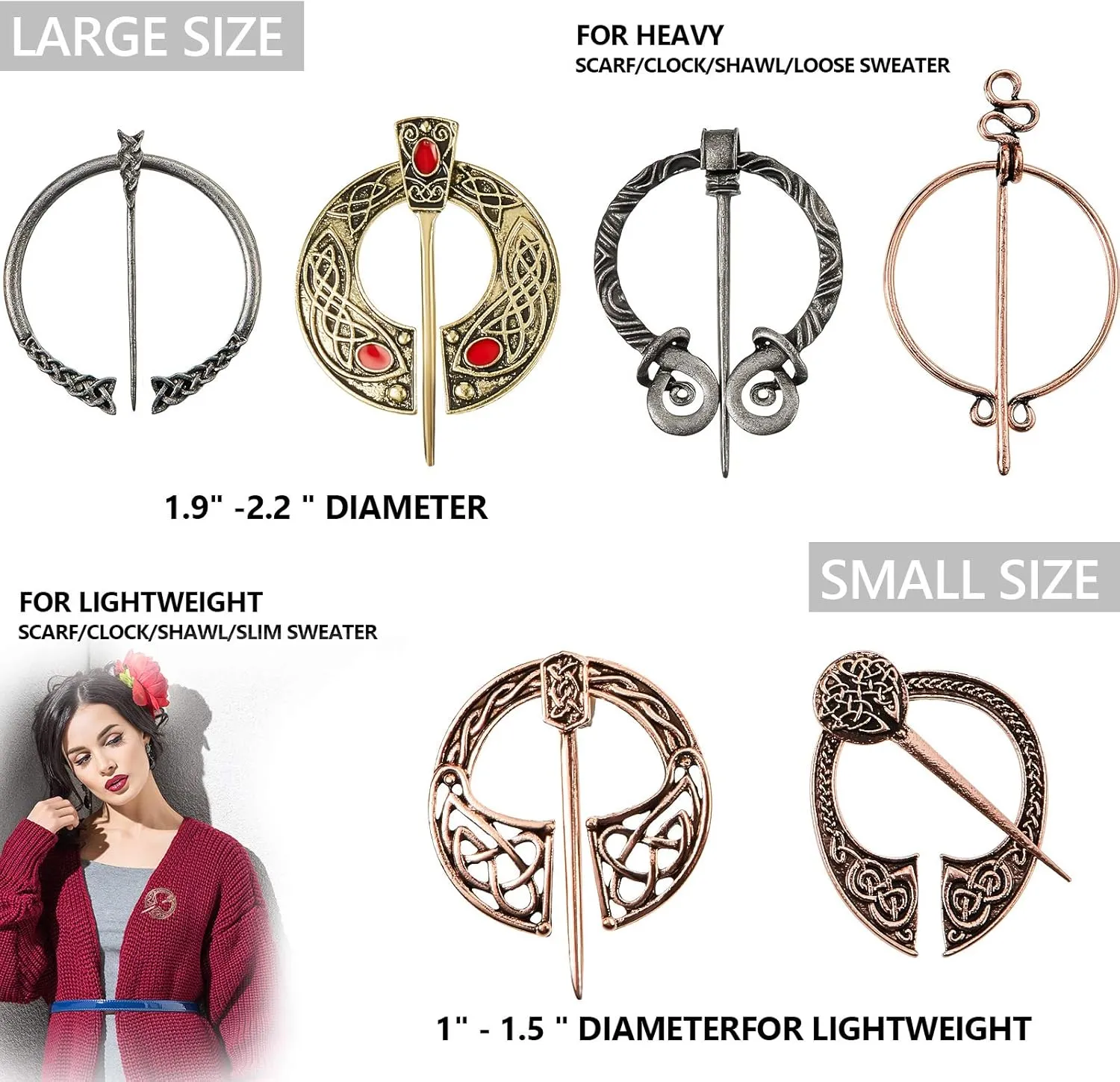 9 Pieces Vintage Viking Brooch Cloak Pin Scarf Shawl Buckle Clasp Pin Penannular Brooch for Costume Accessory, Antique Silver, Gold, Rose Gold