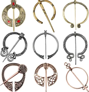 9 Pieces Vintage Viking Brooch Cloak Pin Scarf Shawl Buckle Clasp Pin Penannular Brooch for Costume Accessory, Antique Silver, Gold, Rose Gold