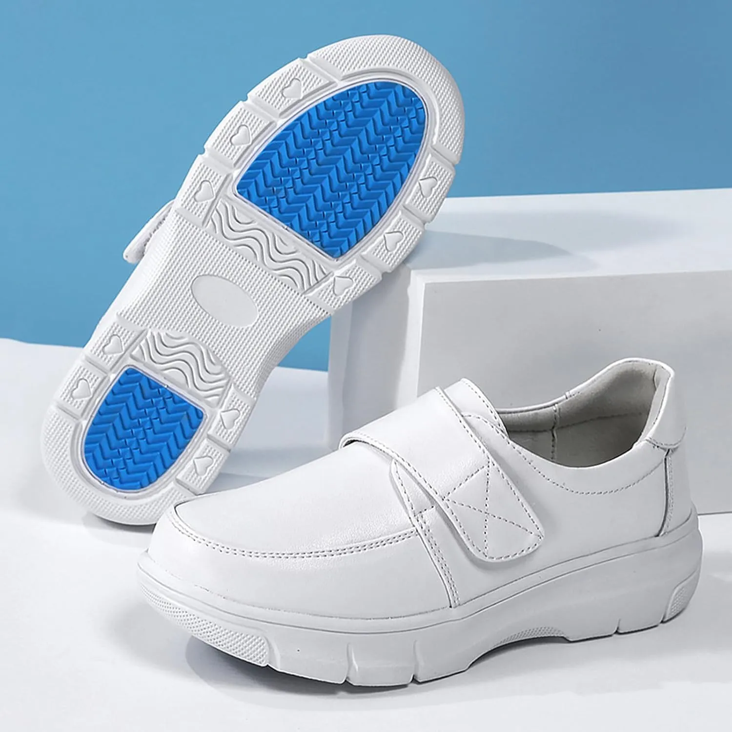 Aceptolcom Women Leather Nurse Shoes Comfortable Lightweight Breathable Adjustable Strap Non Slip Work Shoes Slip Resistant Healthcare Shoes