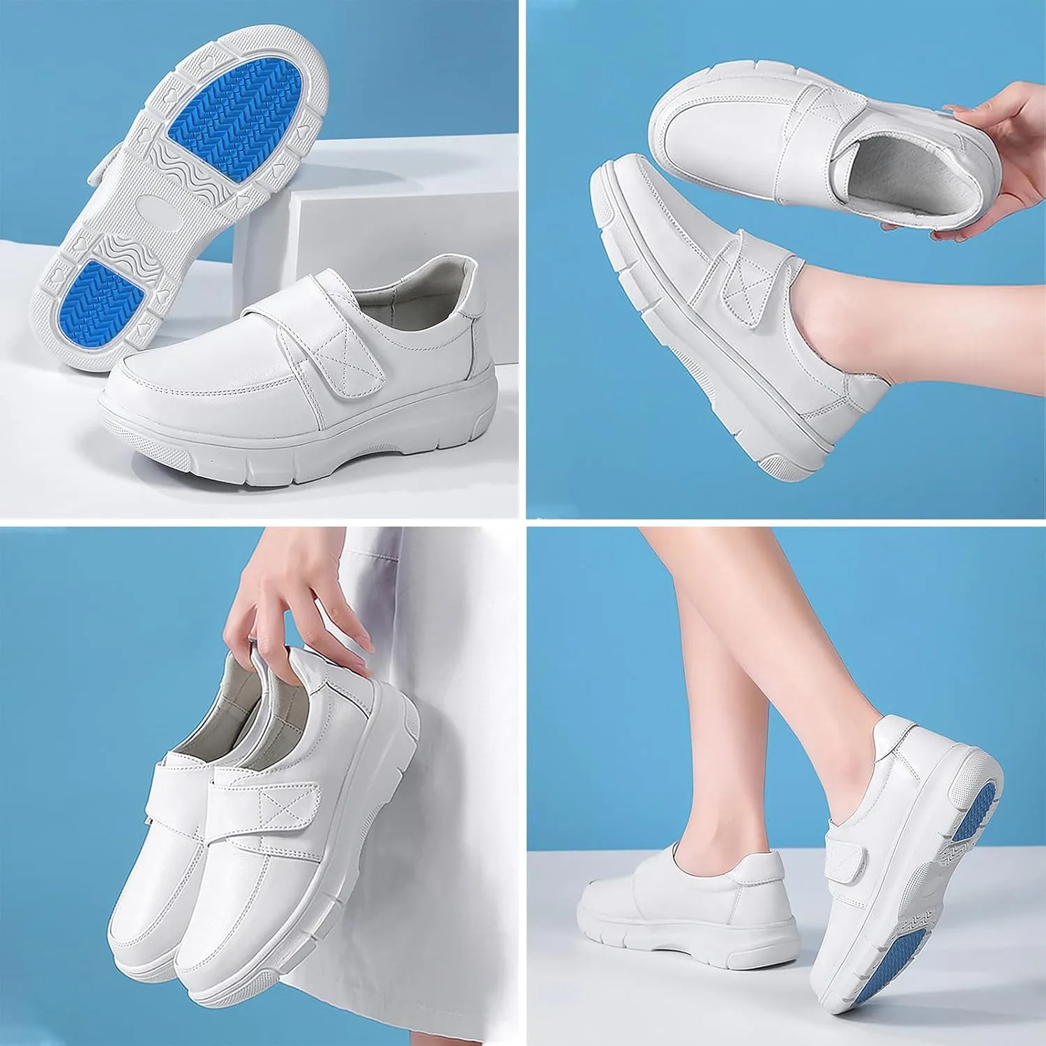 Aceptolcom Women Leather Nurse Shoes Comfortable Lightweight Breathable Adjustable Strap Non Slip Work Shoes Slip Resistant Healthcare Shoes