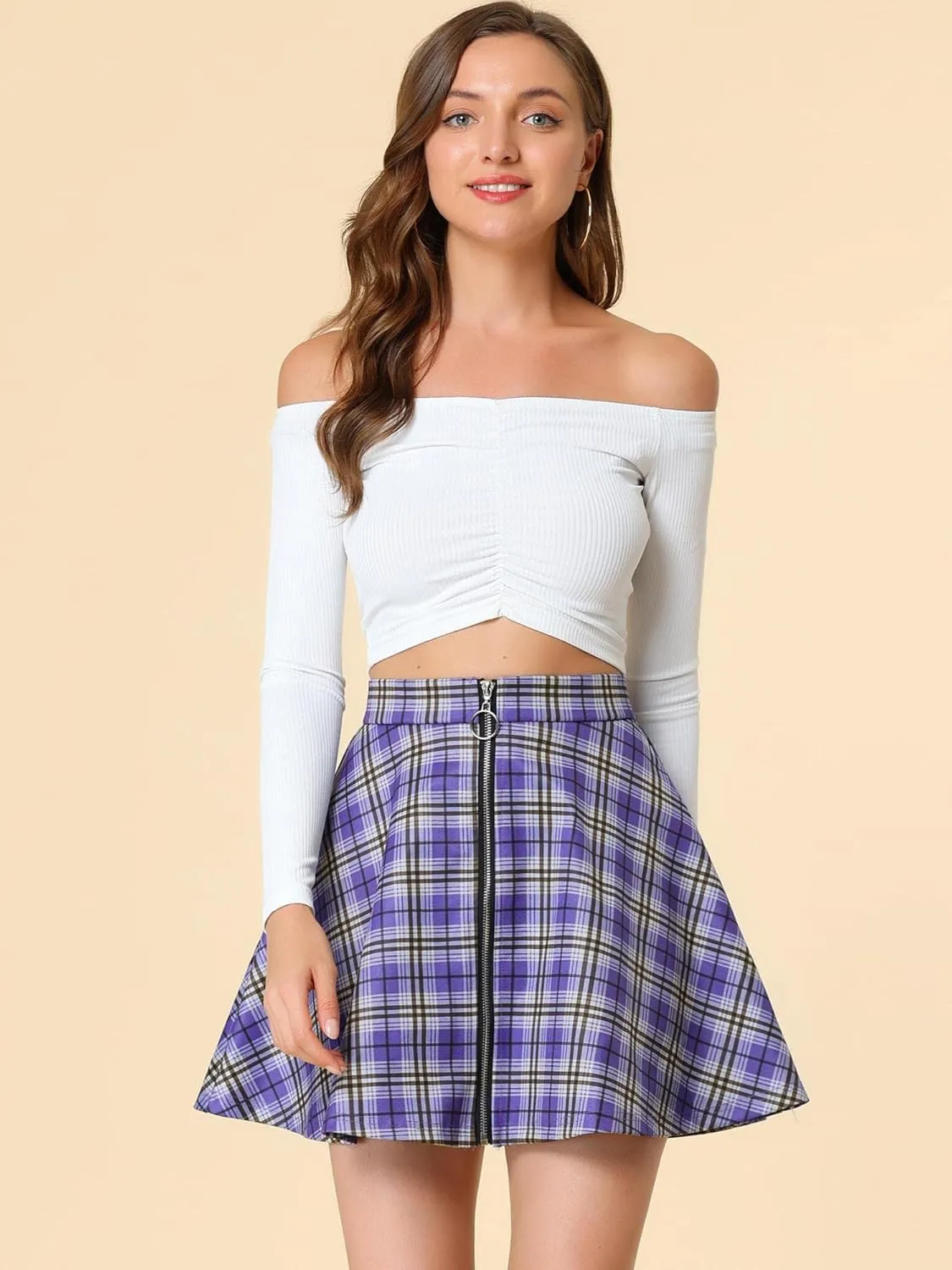 Allegra K Women's Christmas Plaid High Waist Casual A-Line Flare Zip-Up Preppy Checks Flare Mini Skirts