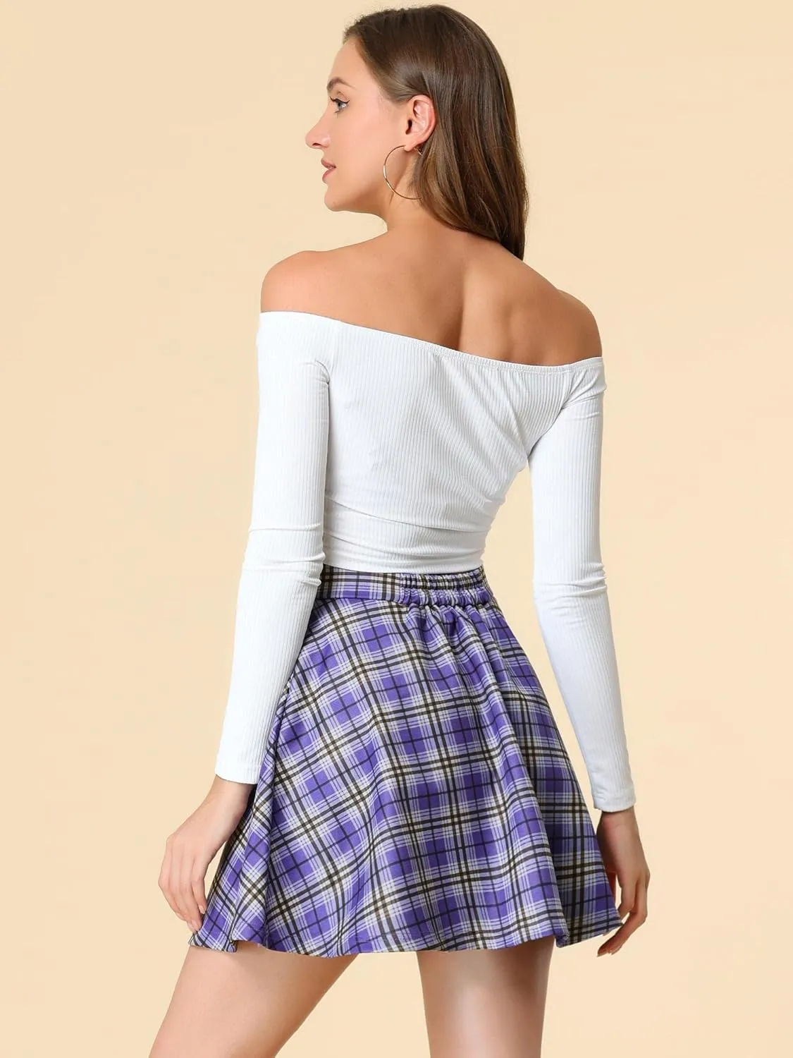 Allegra K Women's Christmas Plaid High Waist Casual A-Line Flare Zip-Up Preppy Checks Flare Mini Skirts