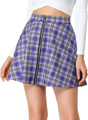 Allegra K Women's Christmas Plaid High Waist Casual A-Line Flare Zip-Up Preppy Checks Flare Mini Skirts