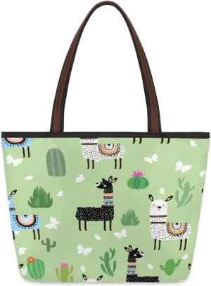 Alpaca Cactus Butterflies Tote Bag Multi Pocket Zippered Beach Bag Lightweight Waterproof Handbag
