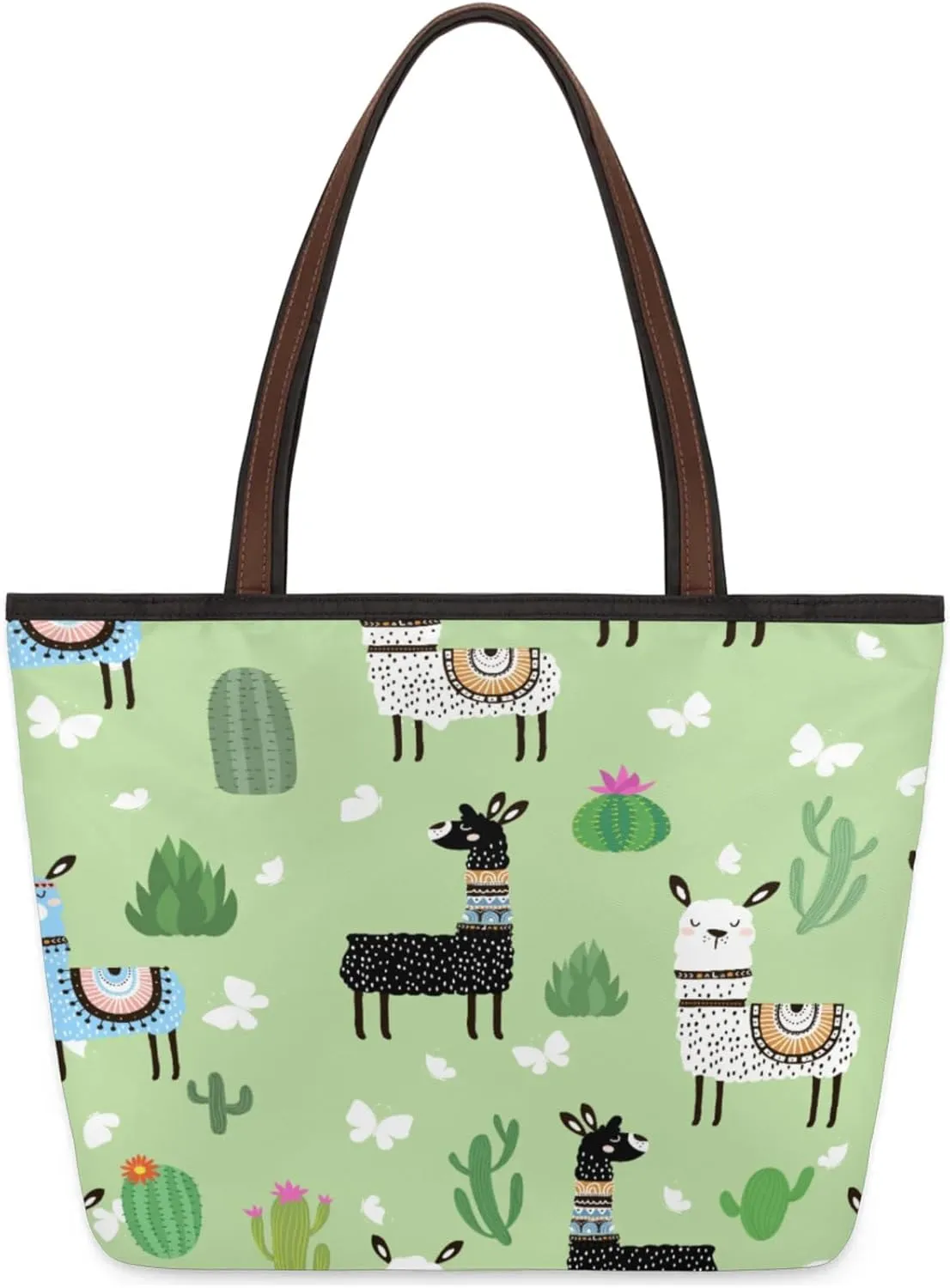 Alpaca Cactus Butterflies Tote Bag Multi Pocket Zippered Beach Bag Lightweight Waterproof Handbag