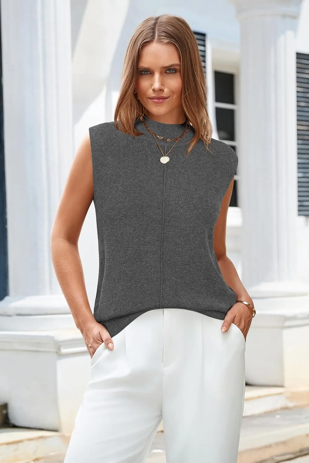 Arach&Cloz Women 2025 Wool Blended Mock Neck Sleeveless Sweater Vest Summer Business Office Knit Spring Trendy Tops