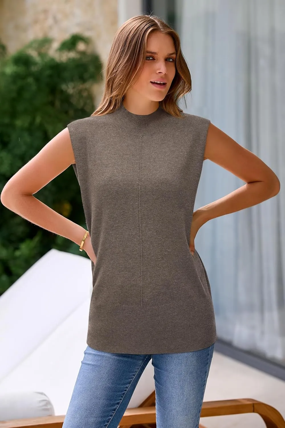 Arach&Cloz Women 2025 Wool Blended Mock Neck Sleeveless Sweater Vest Summer Business Office Knit Spring Trendy Tops