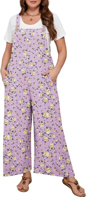 Aulooks Plus Size Women's Adjustable Straps Jumpsuits Casual Loose Wide Leg Overalls with Pockets