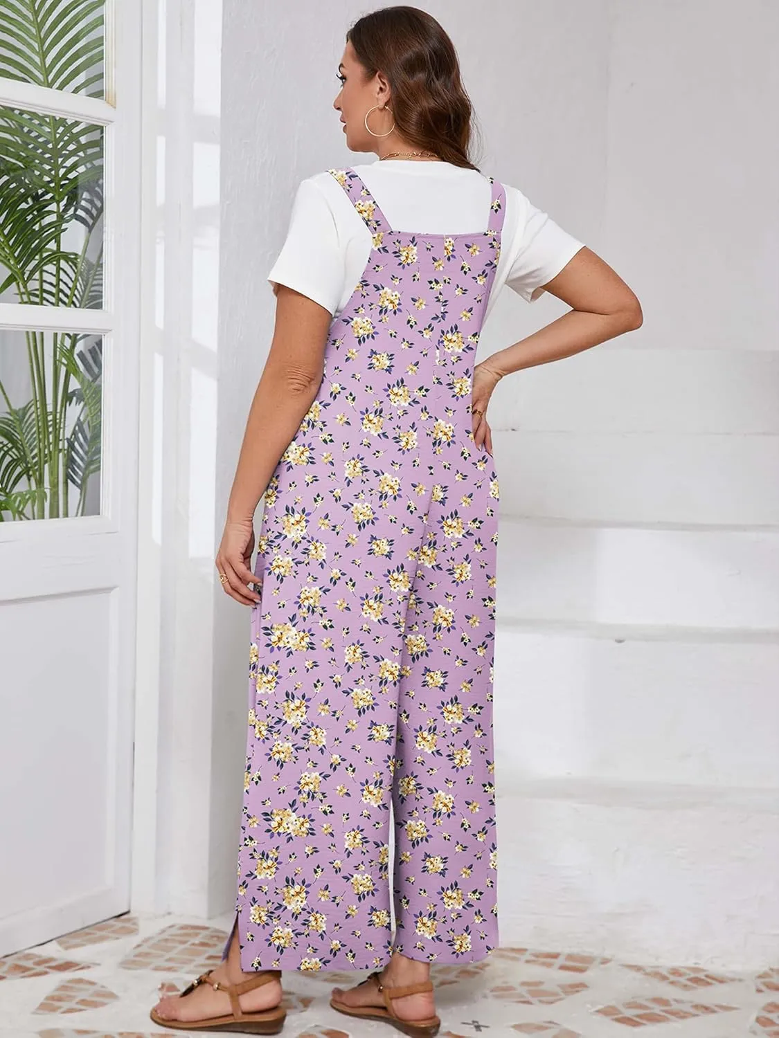 Aulooks Plus Size Women's Adjustable Straps Jumpsuits Casual Loose Wide Leg Overalls with Pockets
