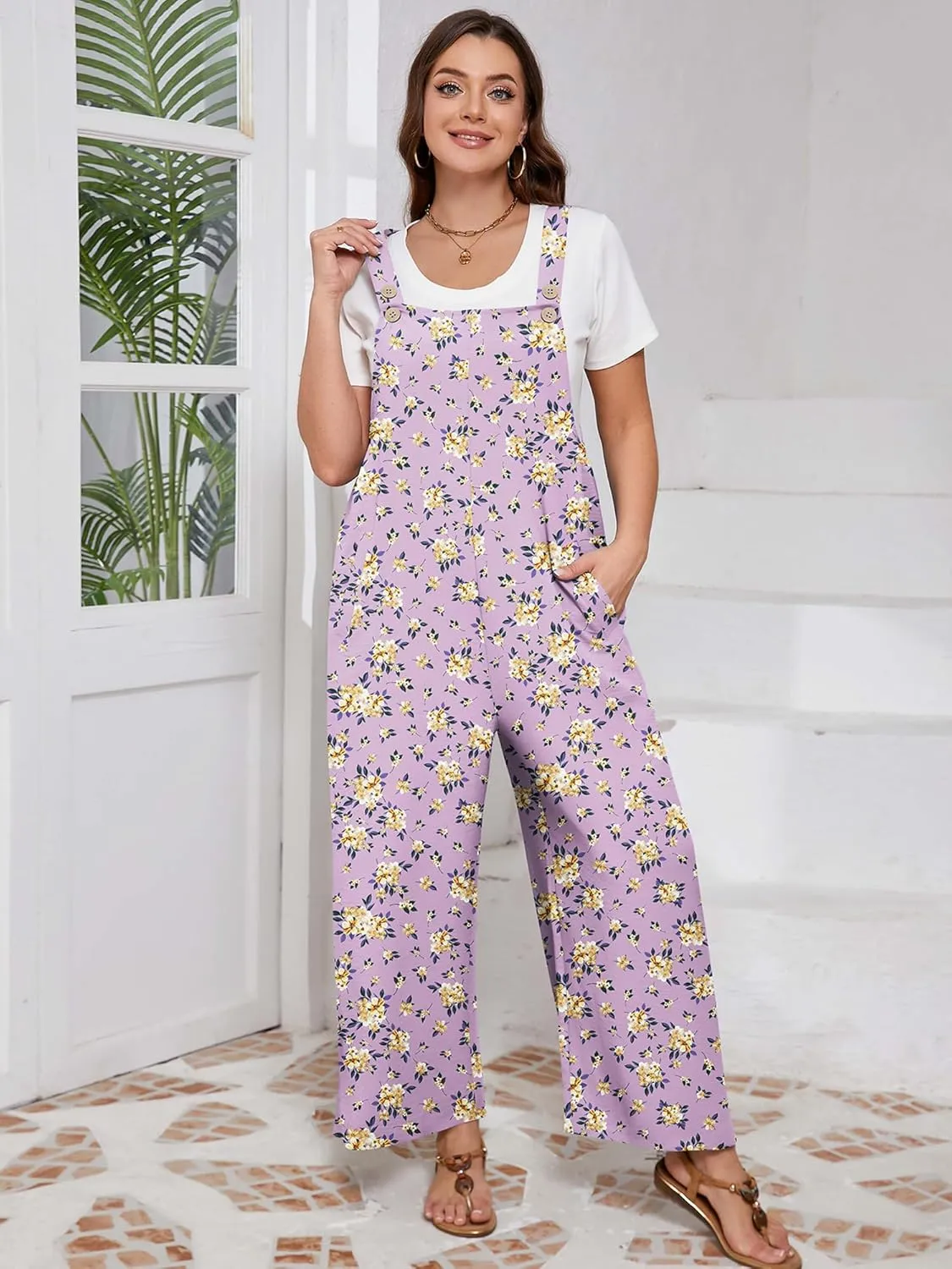 Aulooks Plus Size Women's Adjustable Straps Jumpsuits Casual Loose Wide Leg Overalls with Pockets