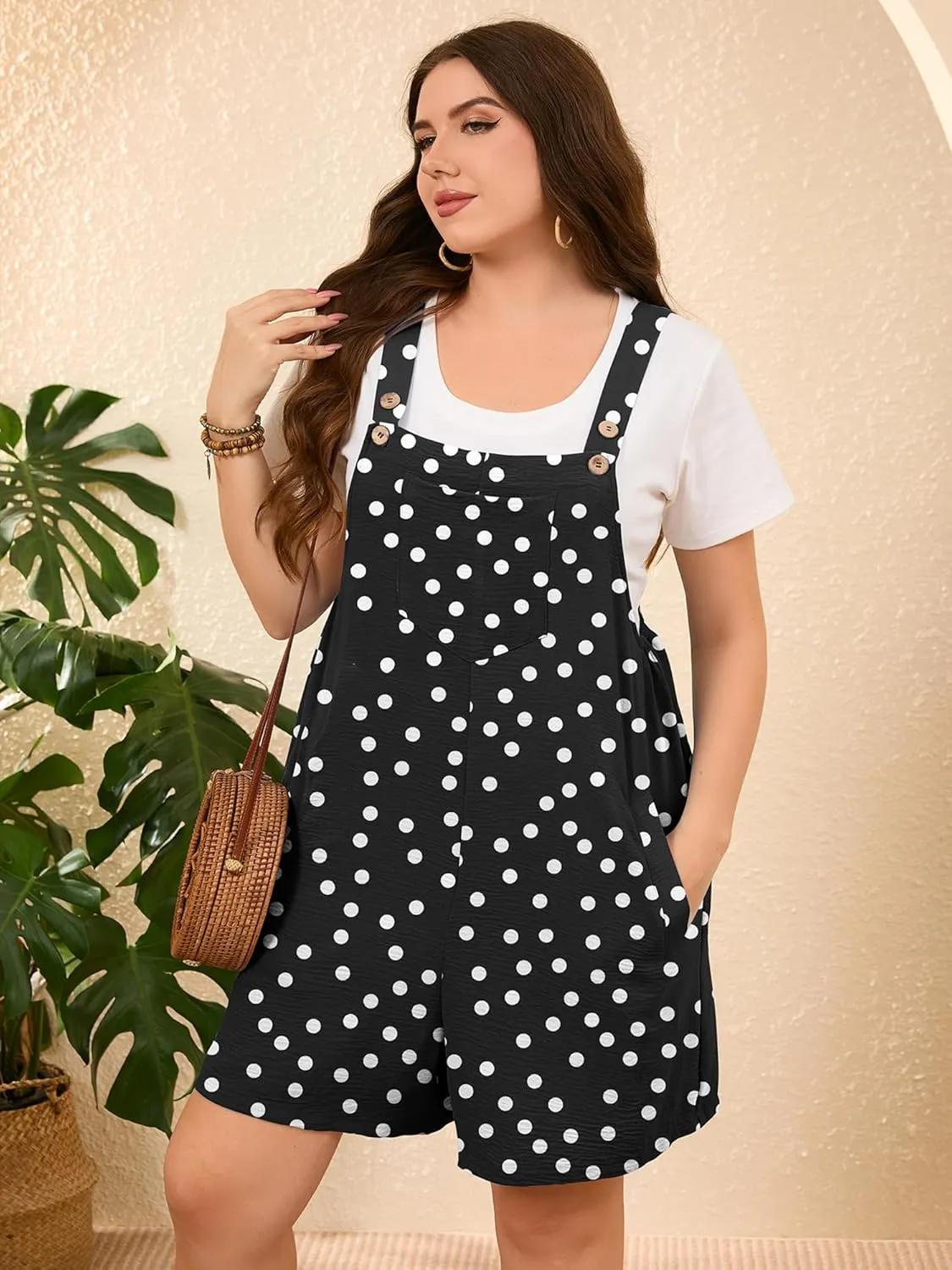 AusLook Plus Size Women's Summer Casual Short Overalls Adjustable Loose Rompers with Pockets 2025 Jumpsuits for Women