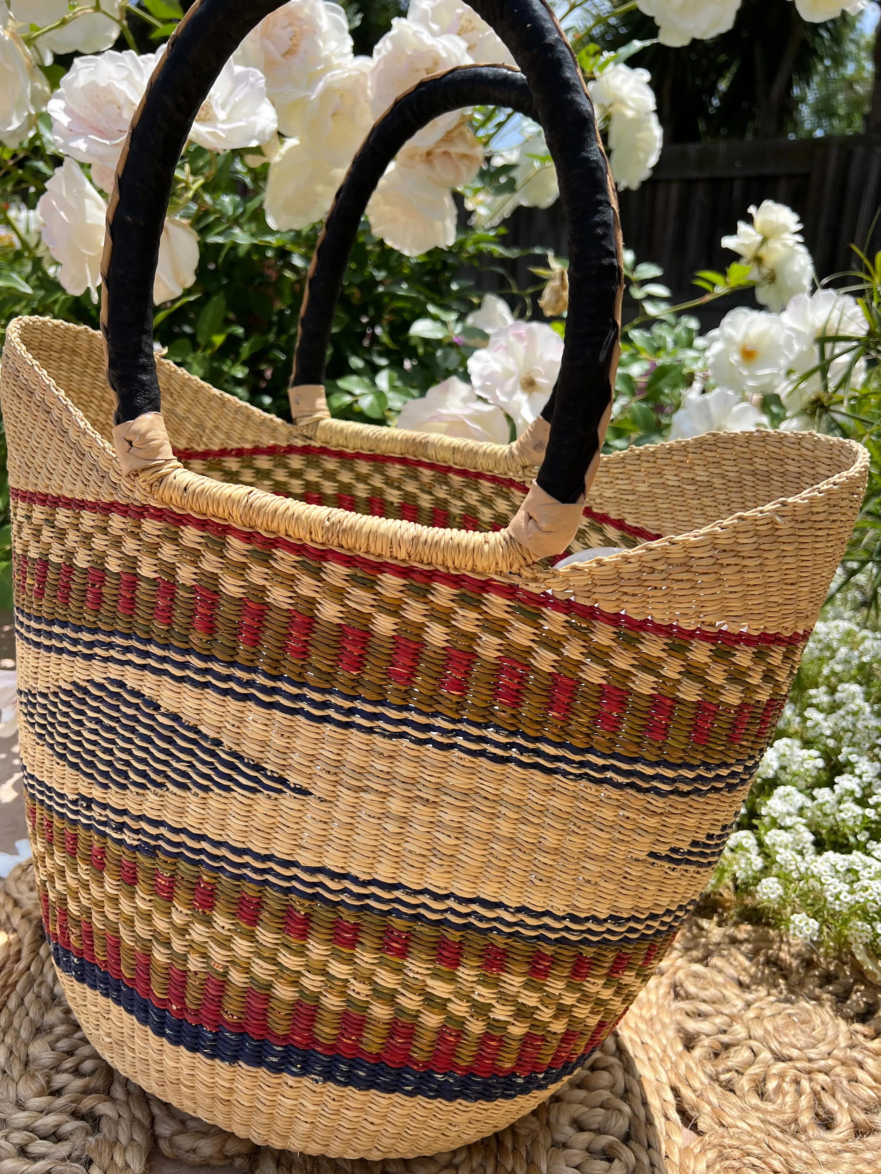 Authentic Medium Market Basket Leather Handle Straw Tote Bag