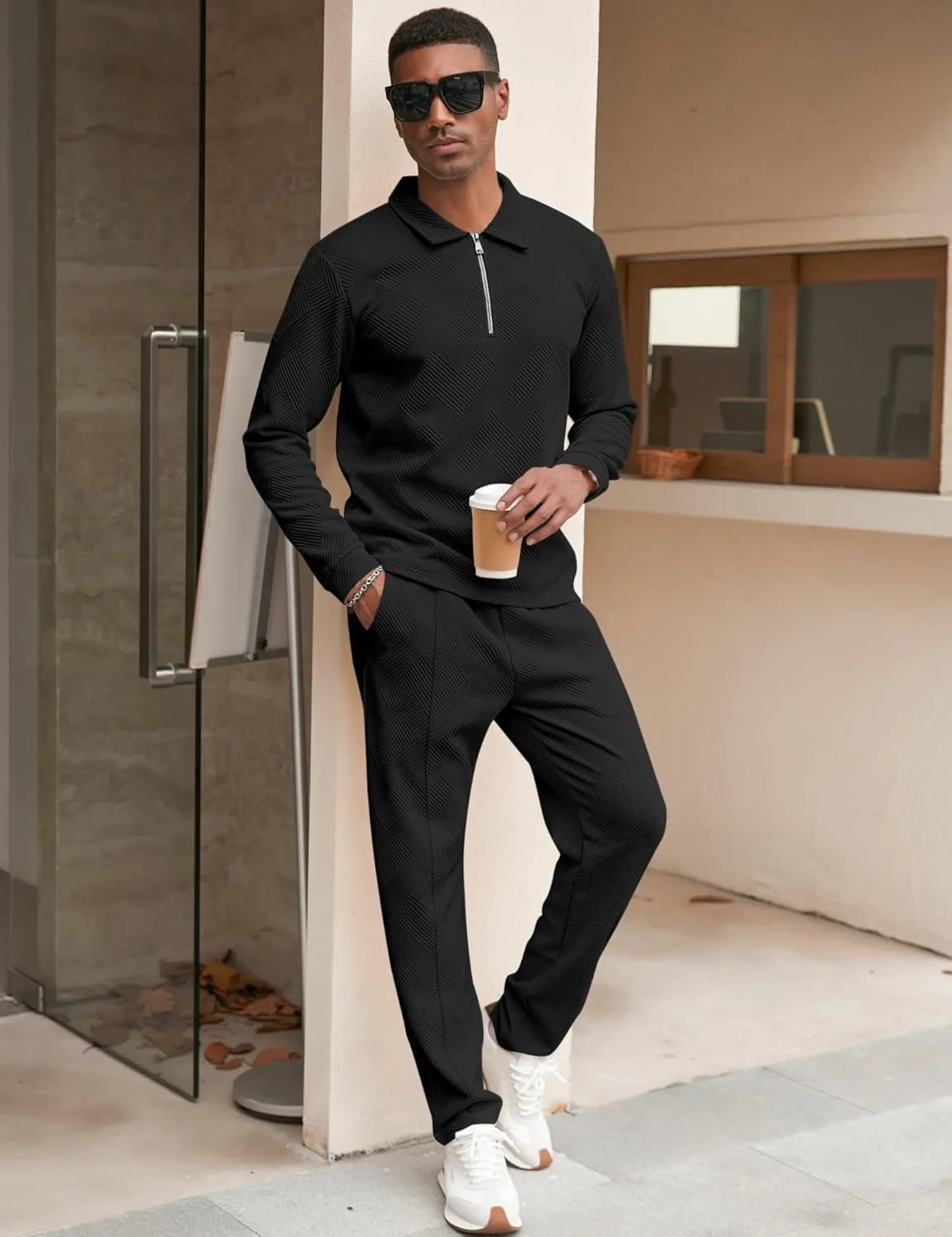 Babioboa Men's Polo sweatsuit Sets 1/4 Zip Fashion Casual Tracksuits jogging long Sleeve Polo Suit for Men 2 Piece Set