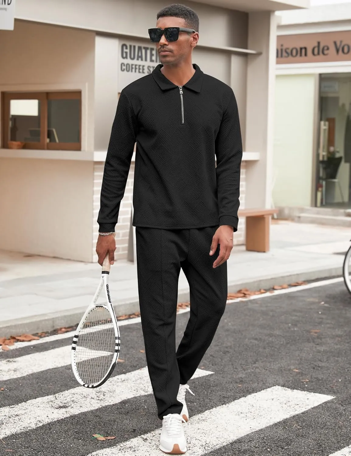 Babioboa Men's Polo sweatsuit Sets 1/4 Zip Fashion Casual Tracksuits jogging long Sleeve Polo Suit for Men 2 Piece Set