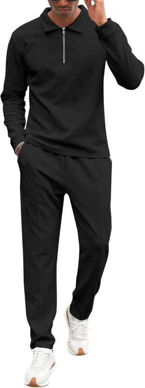 Babioboa Men's Polo sweatsuit Sets 1/4 Zip Fashion Casual Tracksuits jogging long Sleeve Polo Suit for Men 2 Piece Set
