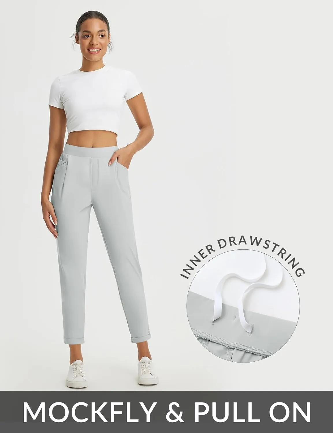 baleaf Womens Travel Pants Stretch with Zipper Pockets Petite Ankle Dressy Work Business Casual Golf Slacks