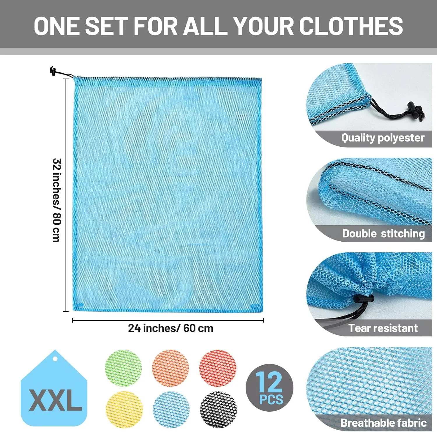 Berlune 12 Pcs Large Laundry Bag 24'' x 32'' Colorful Extra Large Mesh Laundry Bag Bulk with Drawstring Heavy Duty Mesh Machine Washable Drawstring Pouch for College Apartment Delicate Dorm Travel