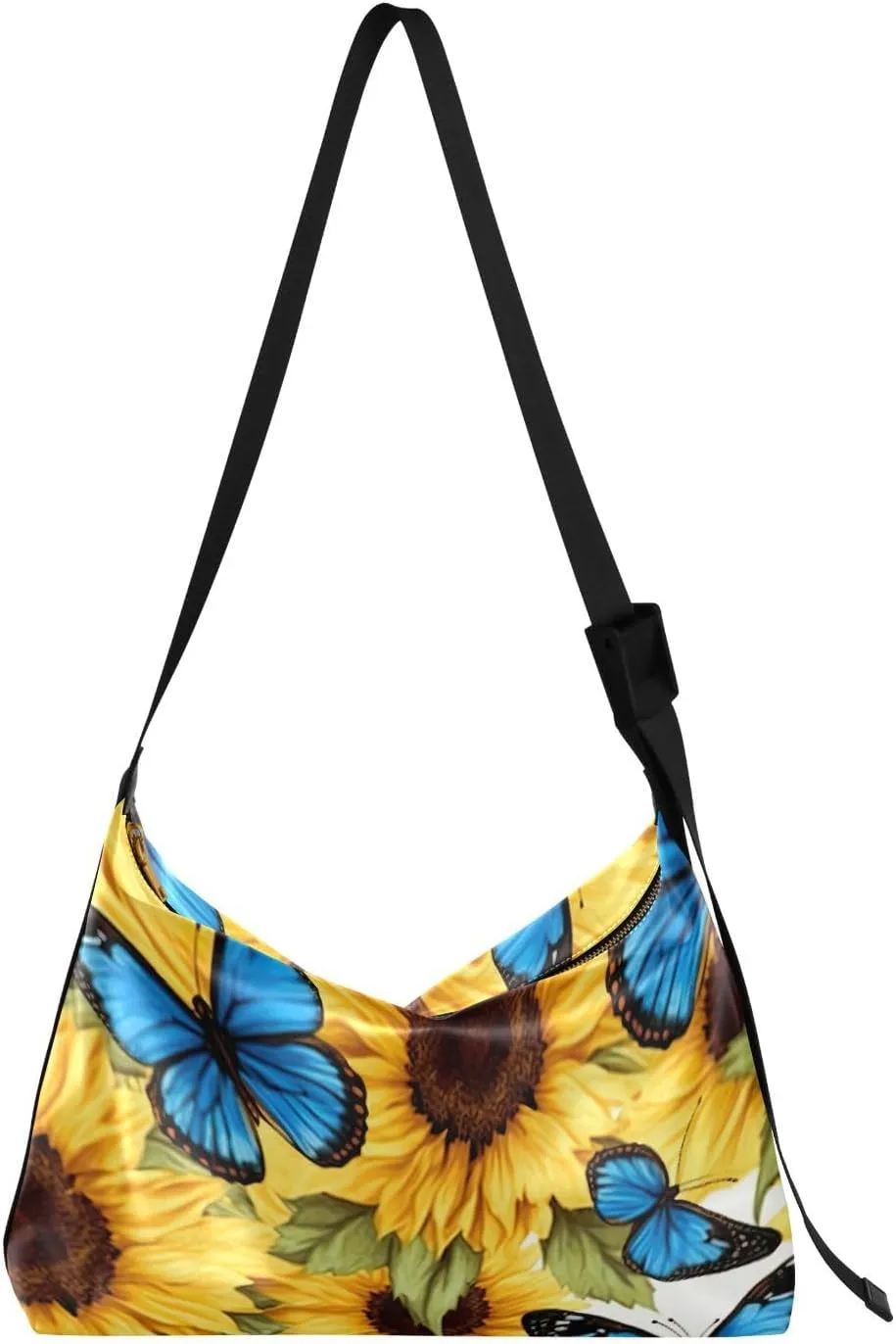 Blue Butterflies Sunflower Tote Bag for Women Large Hobo Bags Crossbody Bag Leather Bags with Adjustable Strap for Women Girl
