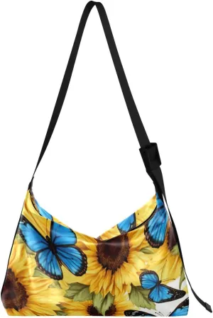 Blue Butterflies Sunflower Tote Bag for Women Large Hobo Bags Crossbody Bag Leather Bags with Adjustable Strap for Women Girl