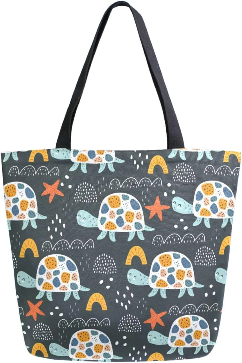 Chic Extra Large Shoulder Grocery Tote Bag, Cartoon Turtles Starfish Floral Cute Canvas Daily Handle Bag for Gym Yoga Weekender Beach Travel Picnic Kitchen Reusable Market Shopping