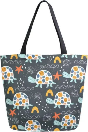 Chic Extra Large Shoulder Grocery Tote Bag, Cartoon Turtles Starfish Floral Cute Canvas Daily Handle Bag for Gym Yoga Weekender Beach Travel Picnic Kitchen Reusable Market Shopping