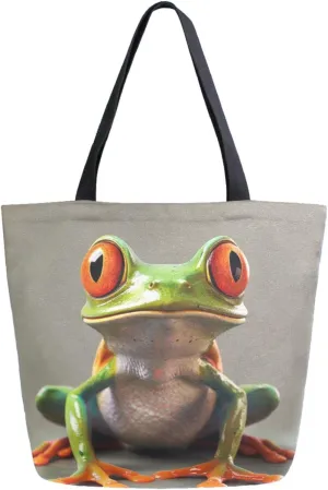 Chic Extra Large Shoulder Grocery Tote Bag, Lifelike Frog Canvas Daily Handle Bag for Gym Yoga Weekender Beach Travel Picnic Kitchen Reusable Market Shopping