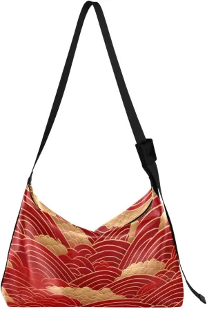 Chinese Water Waves Red Tote Bag for Women Large Hobo Bags Slouchy Crossbody Bag Casual Tote with Adjustable Strap for School Girl