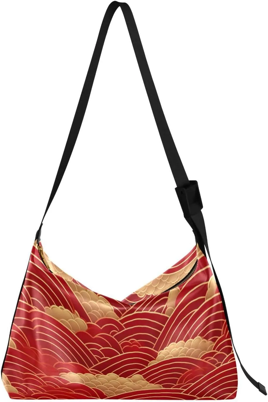 Chinese Water Waves Red Tote Bag for Women Large Hobo Bags Slouchy Crossbody Bag Casual Tote with Adjustable Strap for School Girl