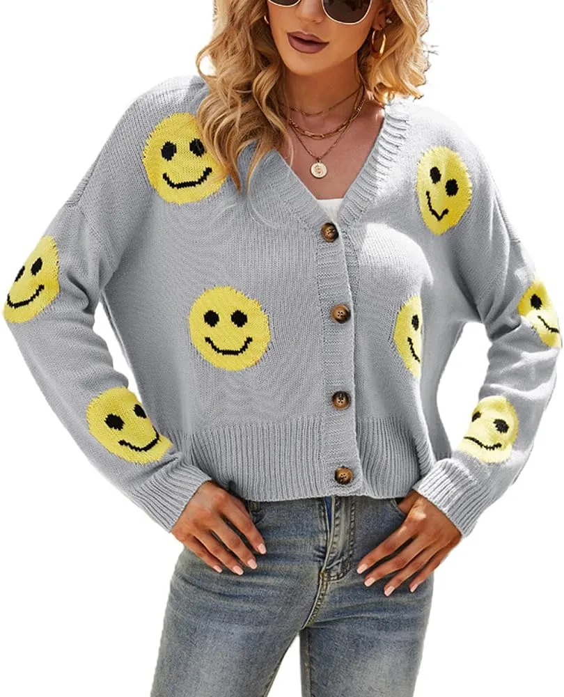 chouyatou Women's Loose-Fit Smile Face Jacquard Knitted Cardigan Sweater Jacket