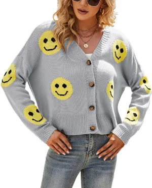 chouyatou Women's Loose-Fit Smile Face Jacquard Knitted Cardigan Sweater Jacket