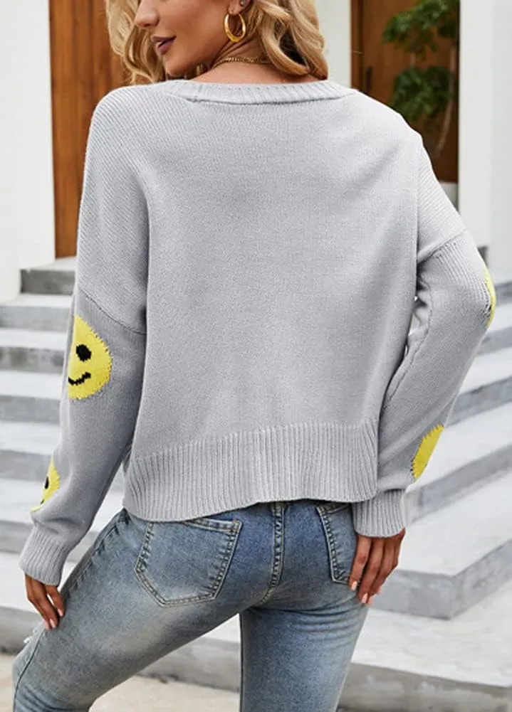 chouyatou Women's Loose-Fit Smile Face Jacquard Knitted Cardigan Sweater Jacket
