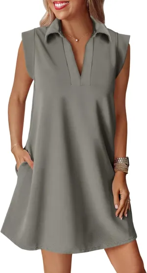 Cicy Bell Womens Summer Mini Dress Cap Sleeve Collared V Neck Casual Ribbed A Line Tunic Shirt Dresses