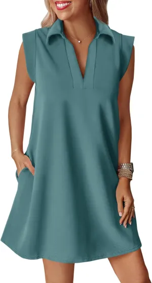 Cicy Bell Womens Summer Mini Dress Cap Sleeve Collared V Neck Casual Ribbed A Line Tunic Shirt Dresses