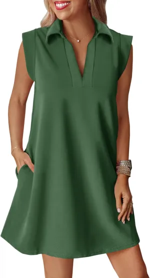 Cicy Bell Womens Summer Mini Dress Cap Sleeve Collared V Neck Casual Ribbed A Line Tunic Shirt Dresses