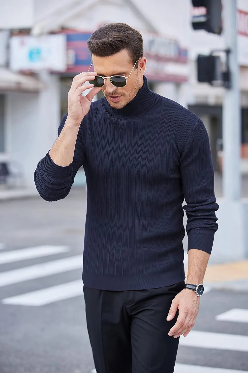 COOFANDY Men's Slim Fit Turtleneck Sweater Ribbed Knitted High Neck Pullover Sweaters