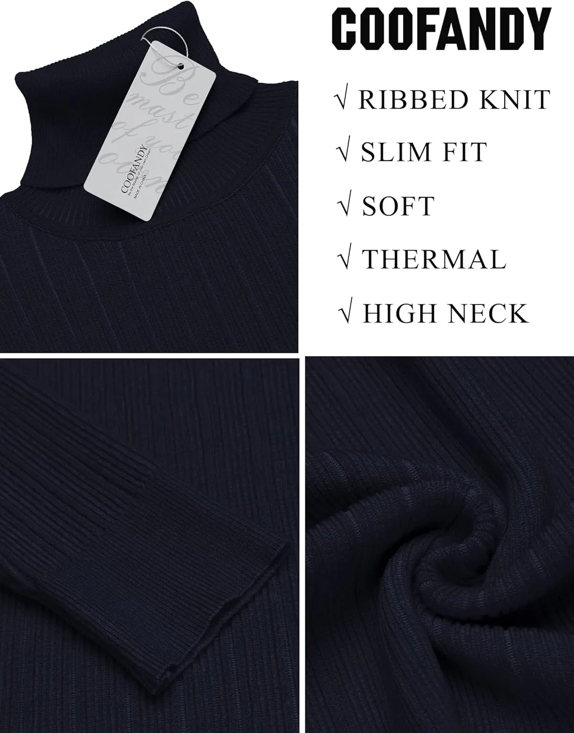 COOFANDY Men's Slim Fit Turtleneck Sweater Ribbed Knitted High Neck Pullover Sweaters