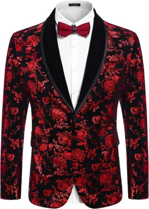 COOFANDY Men's Velvet Tuxedo Floral Blazer Jacket One Button Shawl Lapel Suit Jacket for Dinner Prom Party Wedding