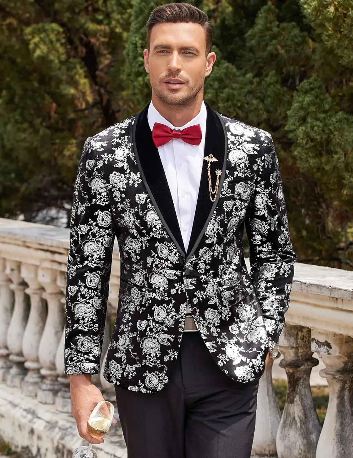 COOFANDY Men's Velvet Tuxedo Floral Blazer Jacket One Button Shawl Lapel Suit Jacket for Dinner Prom Party Wedding