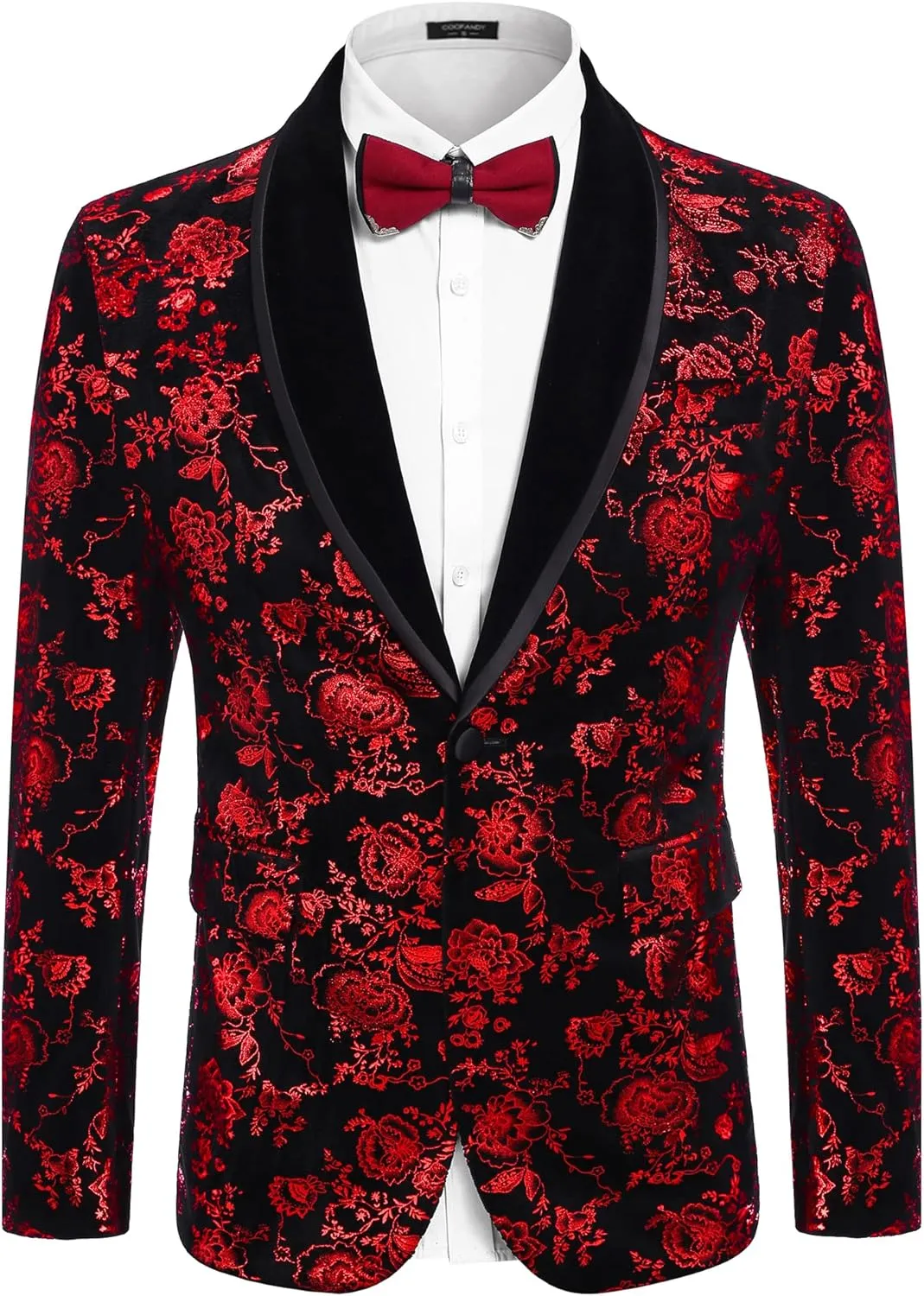 COOFANDY Men's Velvet Tuxedo Floral Blazer Jacket One Button Shawl Lapel Suit Jacket for Dinner Prom Party Wedding
