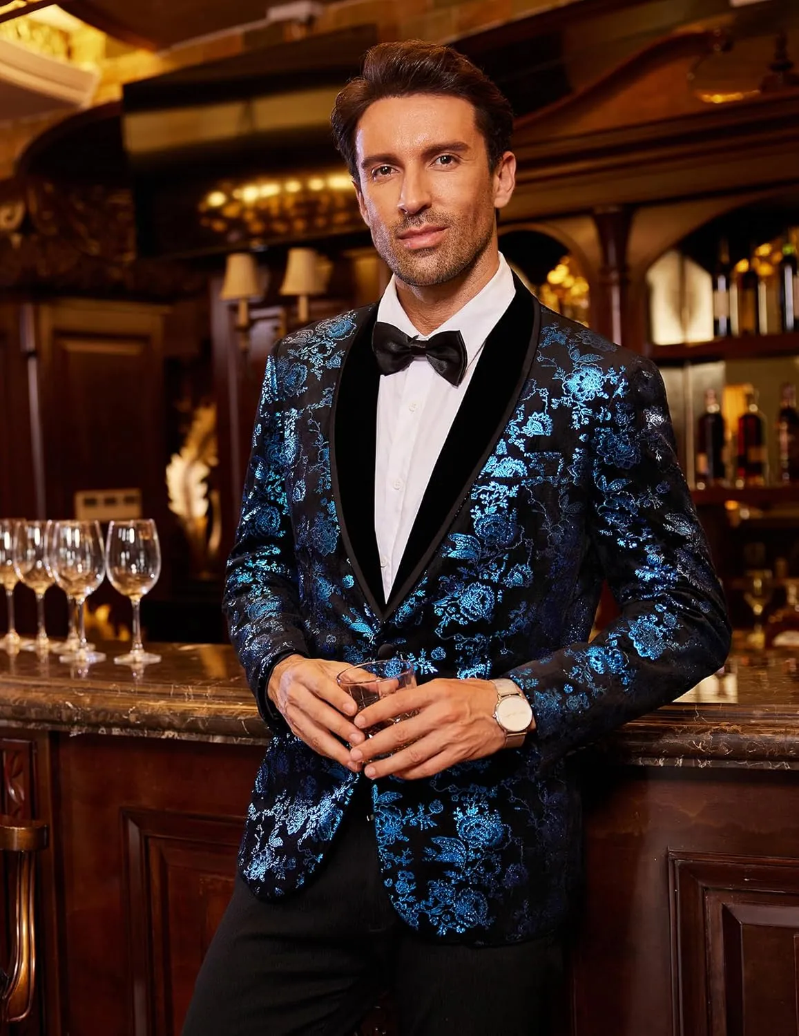 COOFANDY Men's Velvet Tuxedo Floral Blazer Jacket One Button Shawl Lapel Suit Jacket for Dinner Prom Party Wedding