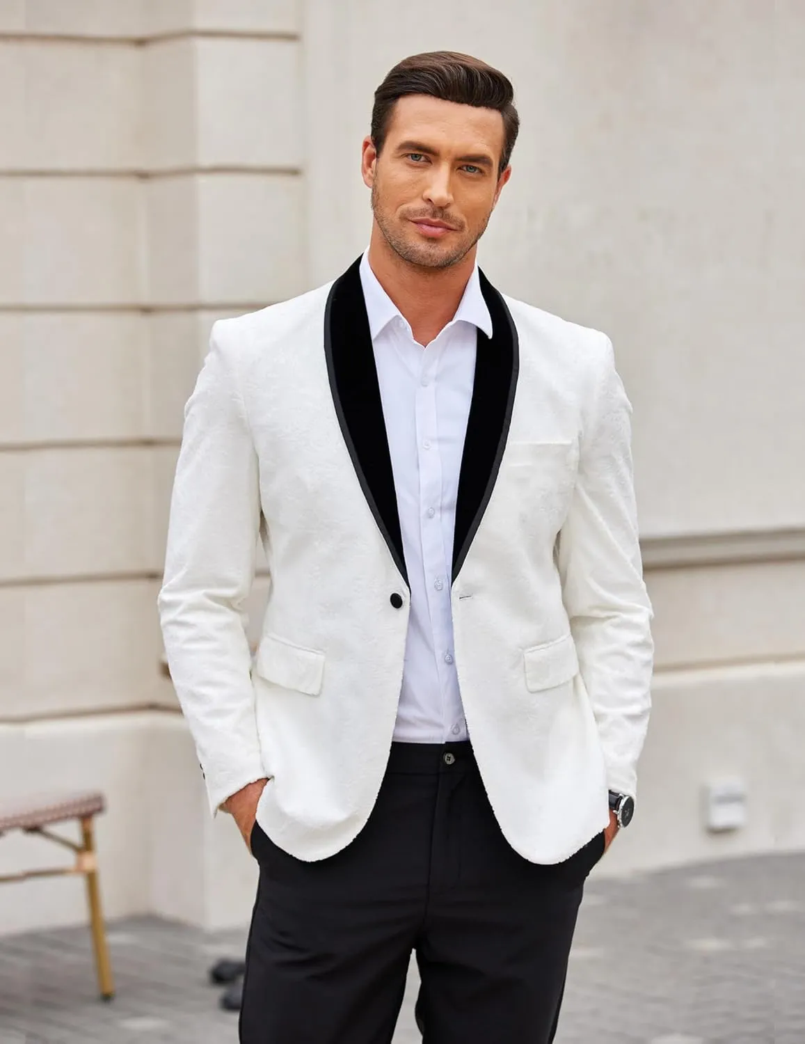 COOFANDY Men's Velvet Tuxedo Floral Blazer Jacket One Button Shawl Lapel Suit Jacket for Dinner Prom Party Wedding