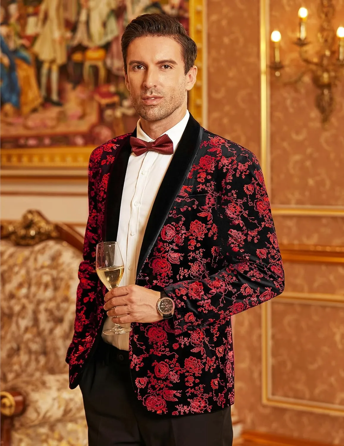 COOFANDY Men's Velvet Tuxedo Floral Blazer Jacket One Button Shawl Lapel Suit Jacket for Dinner Prom Party Wedding