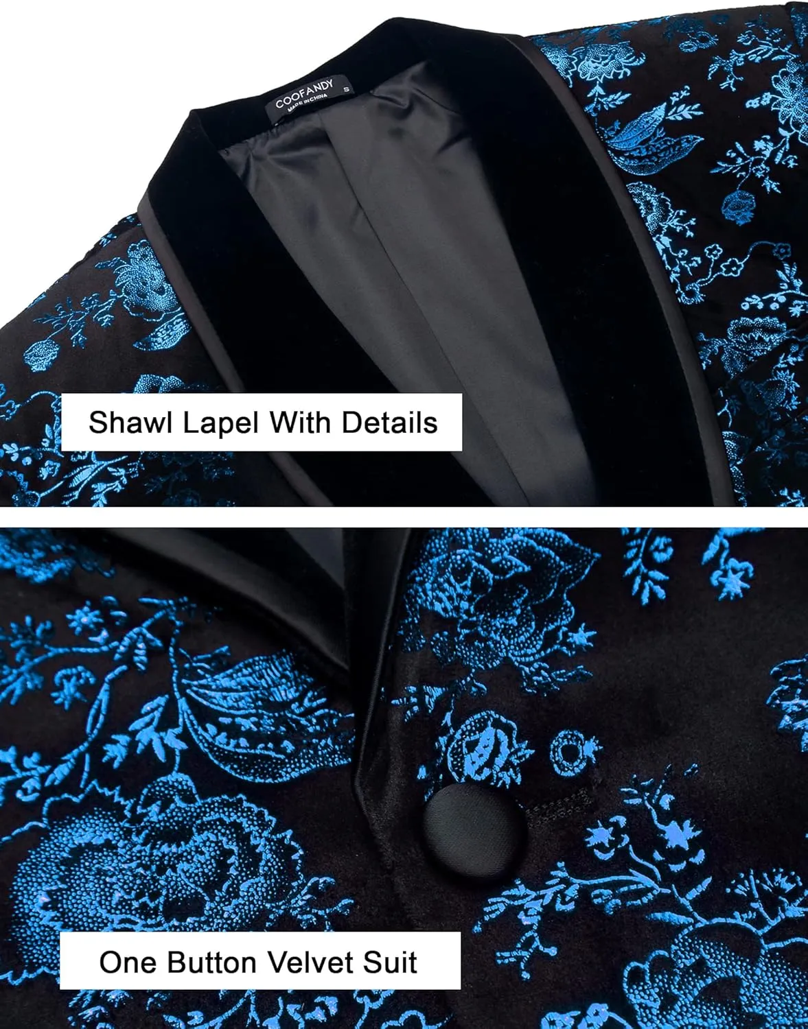 COOFANDY Men's Velvet Tuxedo Floral Blazer Jacket One Button Shawl Lapel Suit Jacket for Dinner Prom Party Wedding