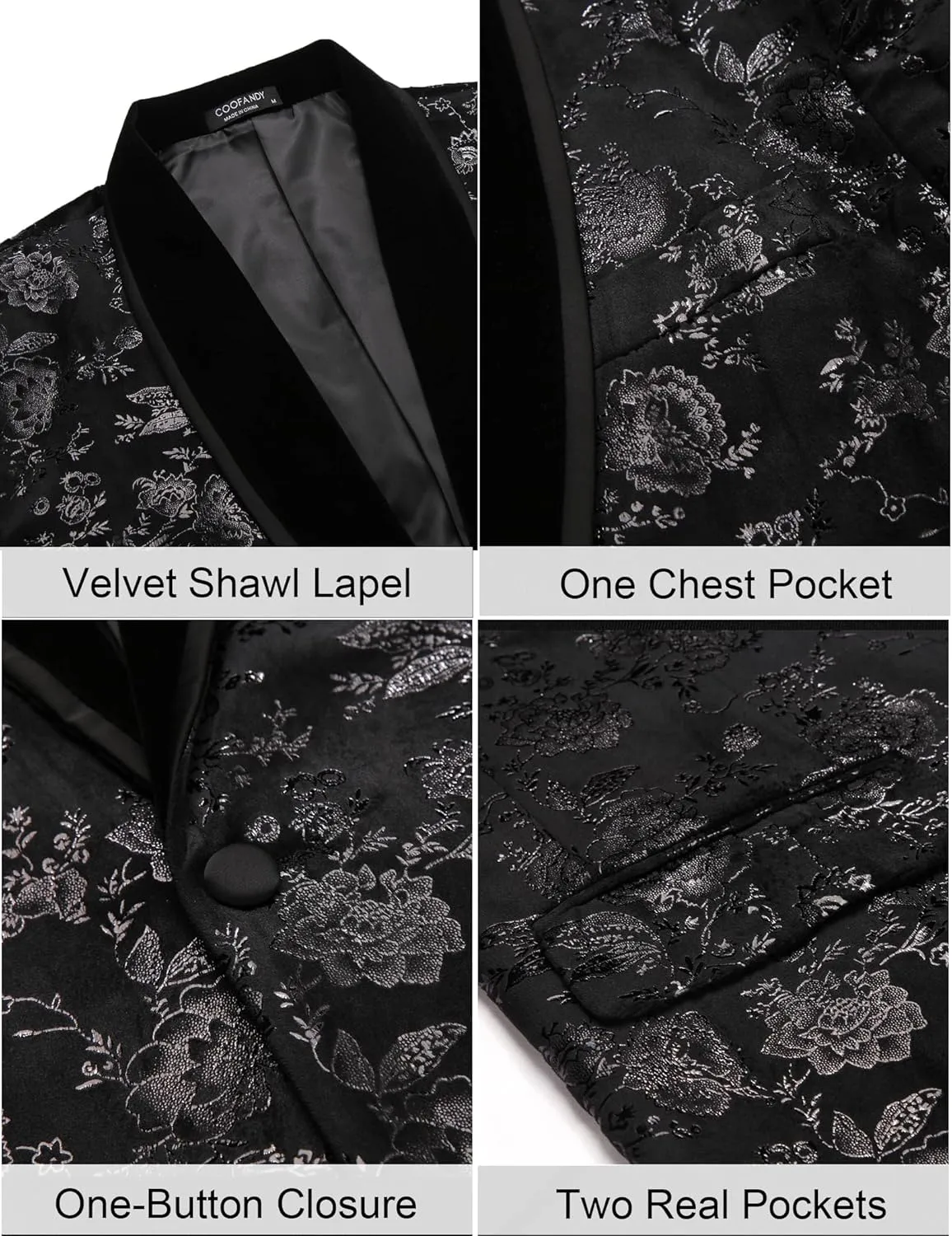 COOFANDY Men's Velvet Tuxedo Floral Blazer Jacket One Button Shawl Lapel Suit Jacket for Dinner Prom Party Wedding